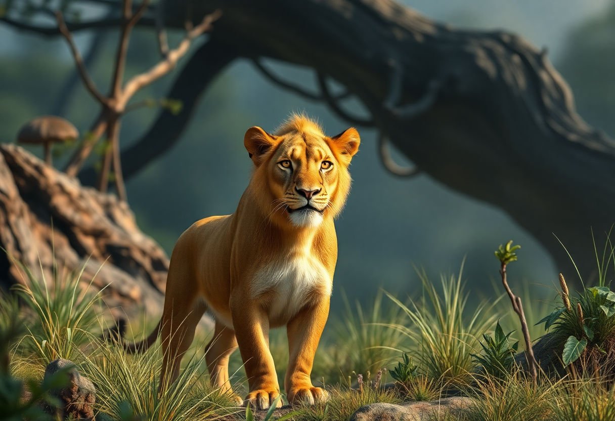 Simba standing with determined expression amidst nature.