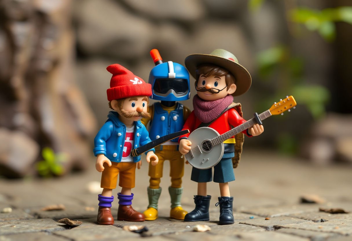Toy characters working together.
