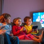 Children watching a movie together on a cozy couch.