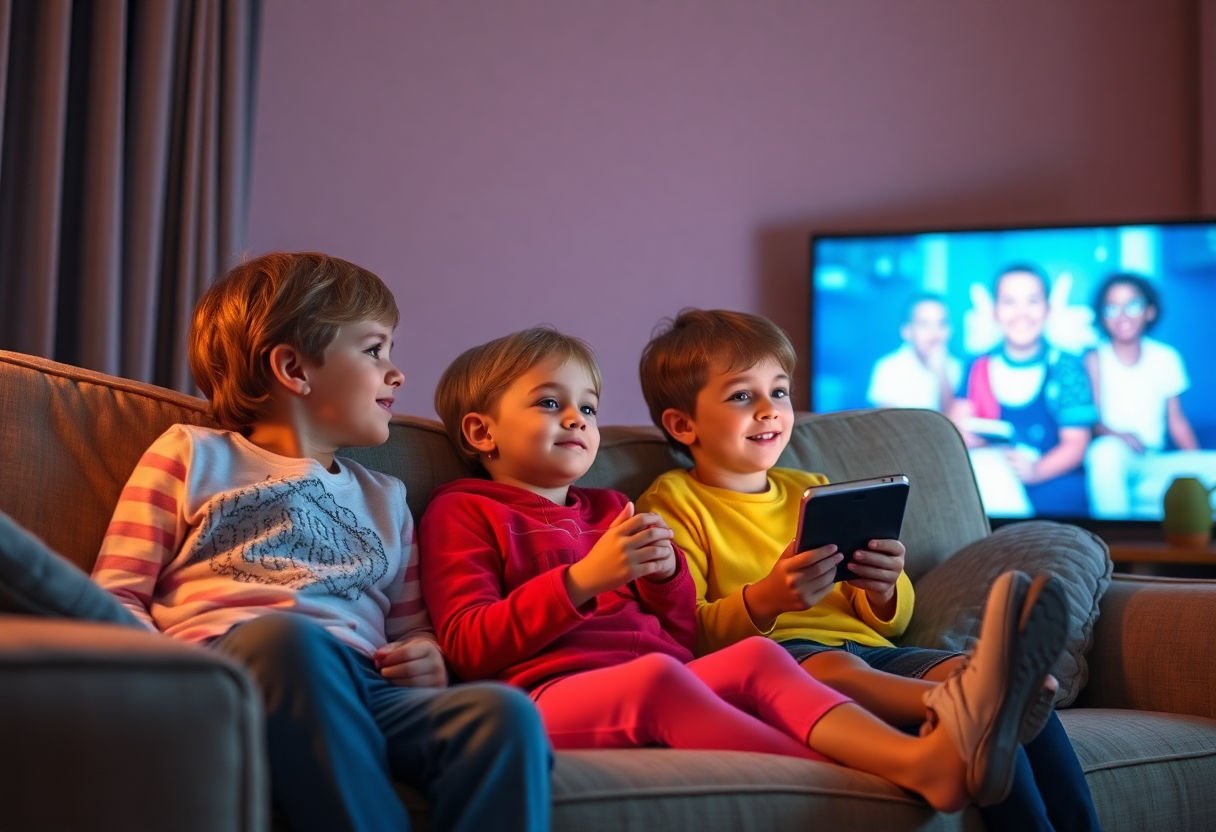 Children watching a movie together on a cozy couch.