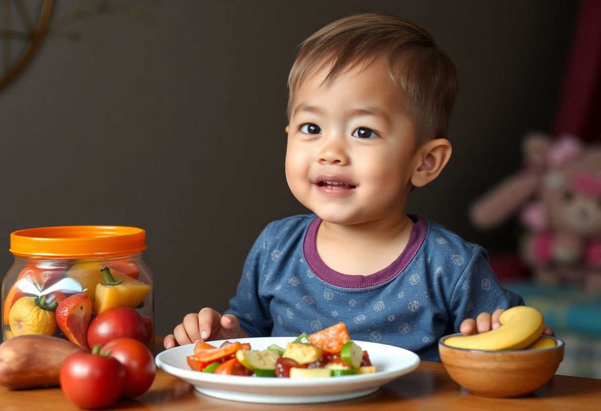 Child with balanced meal preventing vitamin deficiency