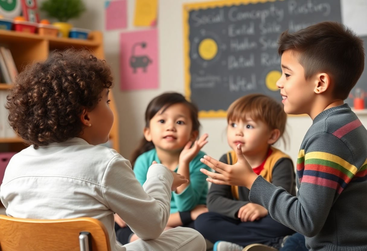 A teacher explaining social emotional concepts to children.