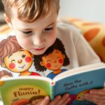 A child reading a colorful book with emotions depicted on the cover.